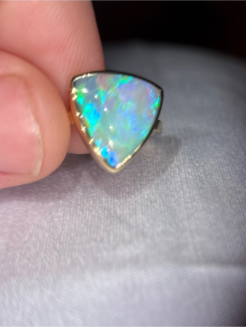 14k Gold Australian Opal Triangle Ring — Multi-Color Opal Accent - Picture 15 of 17